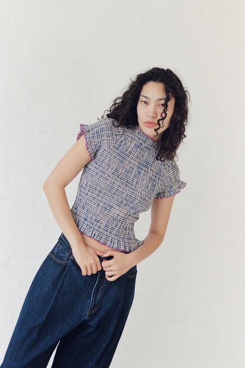 Marine Plaid Ruched Tee