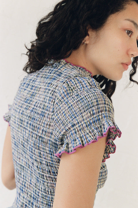 Marine Plaid Ruched Tee