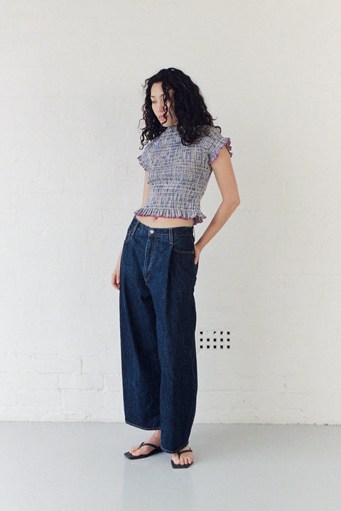 Marine Plaid Ruched Tee