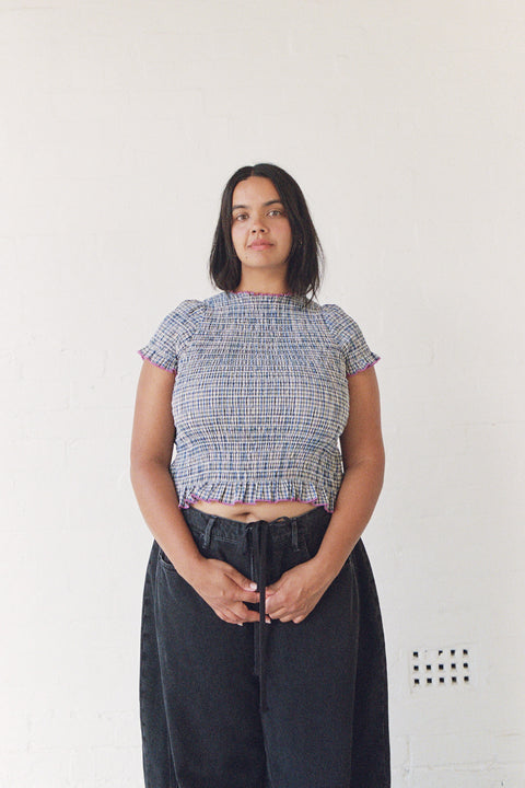 Marine Plaid Ruched Tee