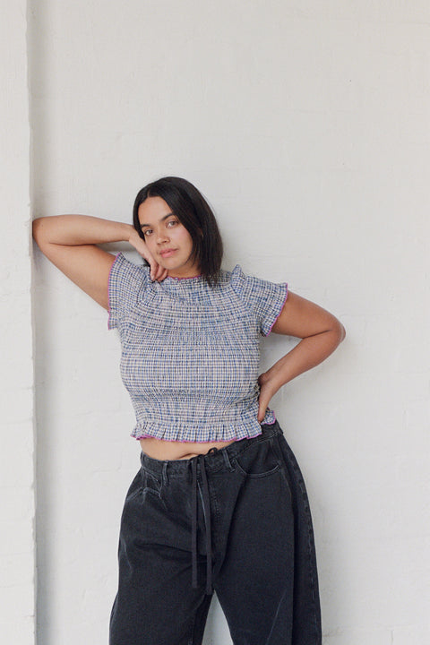 Marine Plaid Ruched Tee