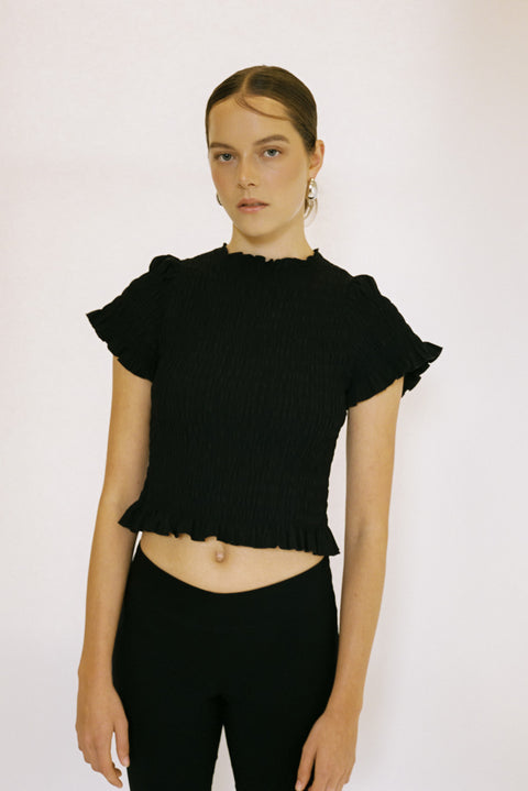 Black Ruched Cotton Tee